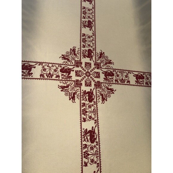 Vintage Christmas Tablecloth Nordic Red Cross Stitch 116x65” Cream Holiday Folk - Picture 3 of 16